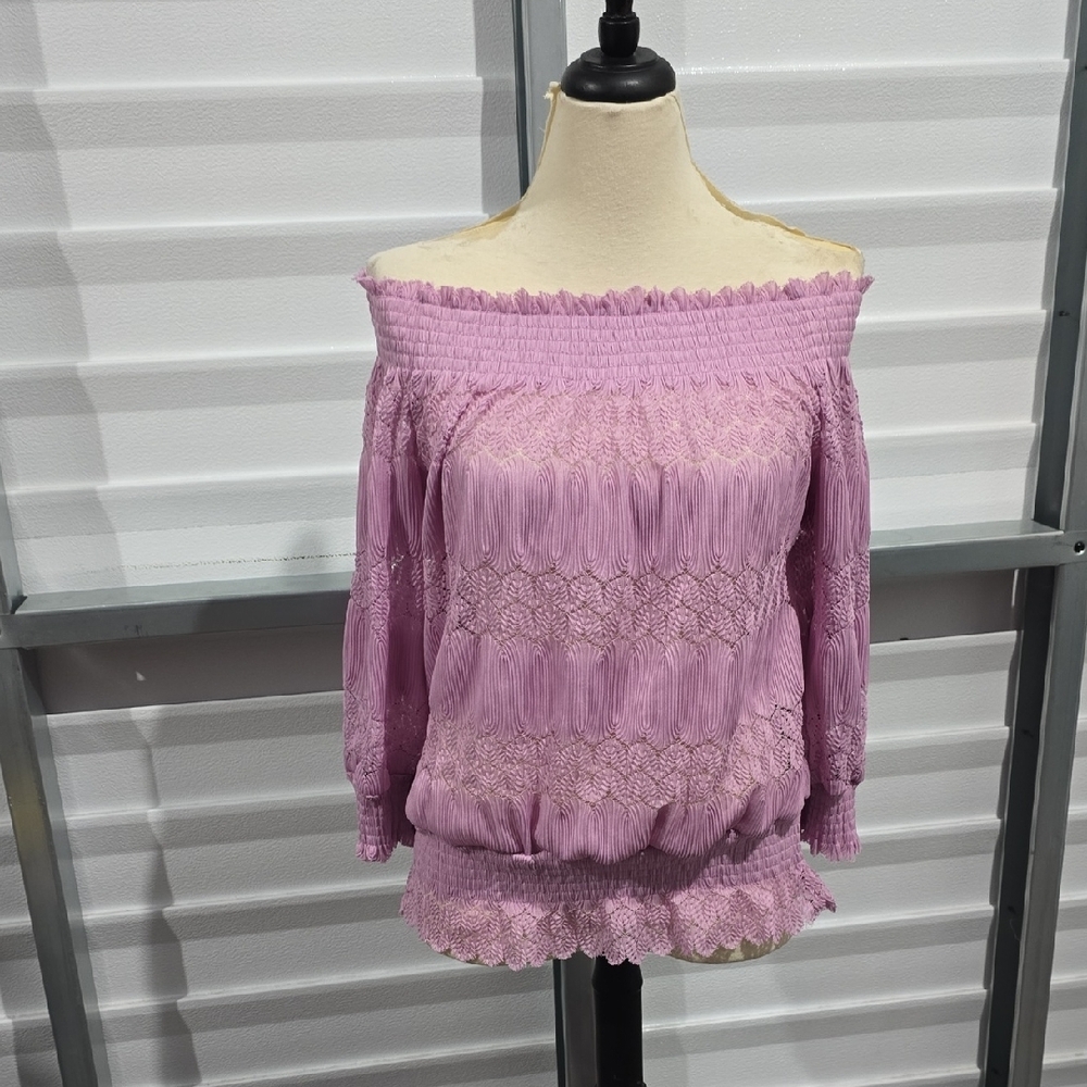 VENUS Purple‎ Smocked Ruffled Blouse 3/4 Sleeve
